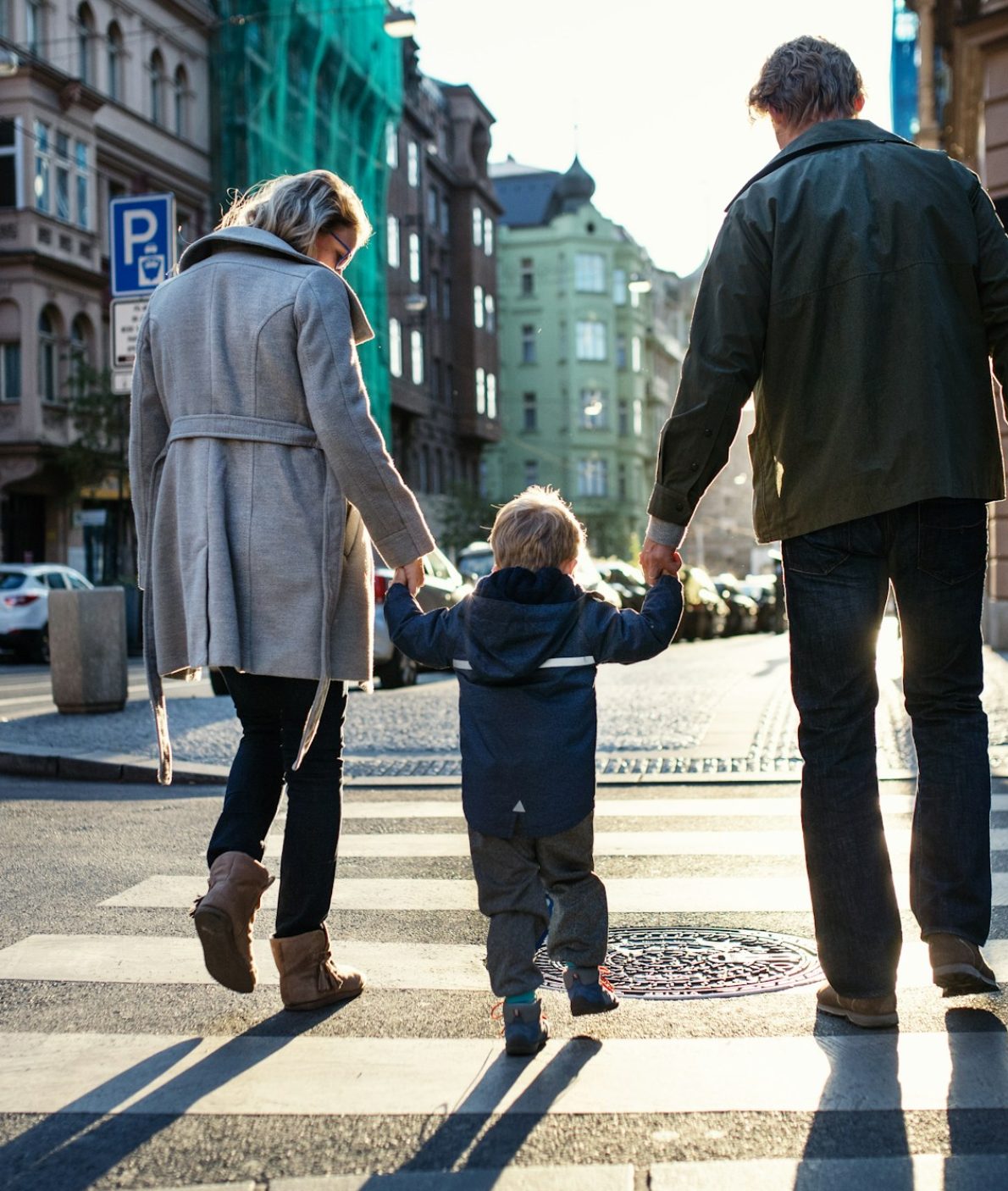 Toddler with Parents Crossing Road